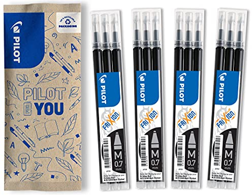 PILOT FriXion Ersatzminen 0.7 – 12 Stück – Farbe Schwarz – FriXion Nachfüllminen mit radierbarer Tinte – Kompatibel mit FriXion Ball & FriXion Clicker 0.7 – mittlere Stärke – Gel-Tintenrollermine