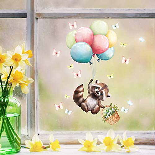 Wandtattoo Loft Fensterbilder Frühling Waschbär mit Ballons Motiv – A4 Bogen, Wiederverwendbar – Frühlingsdeko Fenster, Frühlingsbild Fenster, Fensterdeko Frühling, Fensterfolie Frühling Selbstklebend