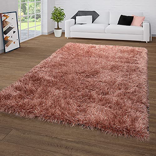 TT Home Hochflor-Teppich Für Wohnzimmer, Shaggy Mit Glitzer-Garn, In Terrakotta, Größe:140x200 cm