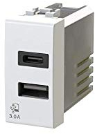 USB3.0 - Fuente de alimentación USB de 3 amperios a 2 salidas en módulo individual con conector tipo A y tipo C compatible con Bticino LivingLight blanca