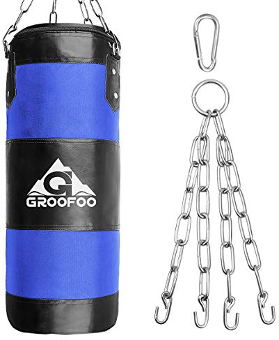 GROOFOO Boxsack Kinder Hochleistungs Oxford Boxsack für Kinder, Jugendliche und Erwachsene, UNGEFÜLLTE Tasche mit Mount Chain Heavy Duty Pouching Bag für Boxtraining MMA Muay Thai (Blau, 100 * 33CM)