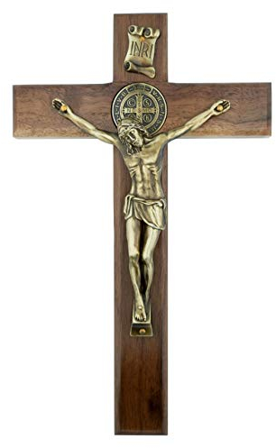 Wandkreuz aus Holz mit Heiliger Benedikt-Medaille, schönes Bronze-Ton Jesus, massives gebeiztes Holz, fertig zum Aufhängen, tolles Geschenk für Taufe, Einzug, Hochzeit, hergestellt in Italien