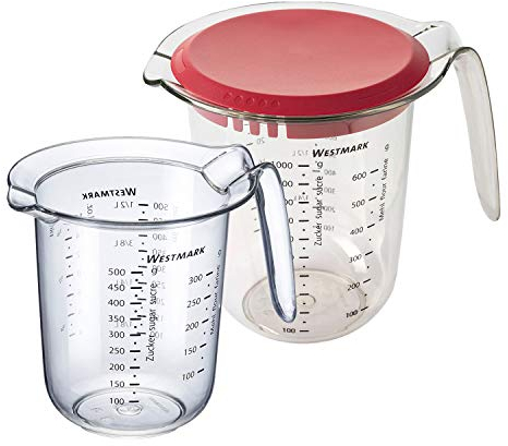 Westmark Set de 2 Pièces, Pichets gradués 0,5 L et 1 L avec Couvercle , Graduations multilingues, plastique, Transparent/Rouge, 306622E6