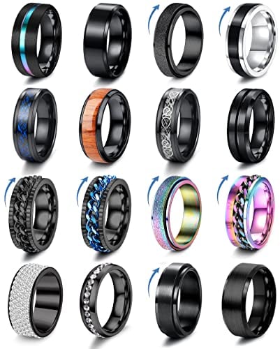 ADRAMATA 16 Pezzi Anelli Antistress in Acciaio Inossidabile per Uomo Donna Nero Anelli Fidget Band Spinner Anelli Set per la Promessa di Nozze 6/8MM di Larghezza 7-12