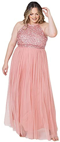 Maya Deluxe Women's Ladies Bridesmaid Maxi Dress Halter Neck Sequin Embellished Prom Graduation Wedding, Blossom, 24