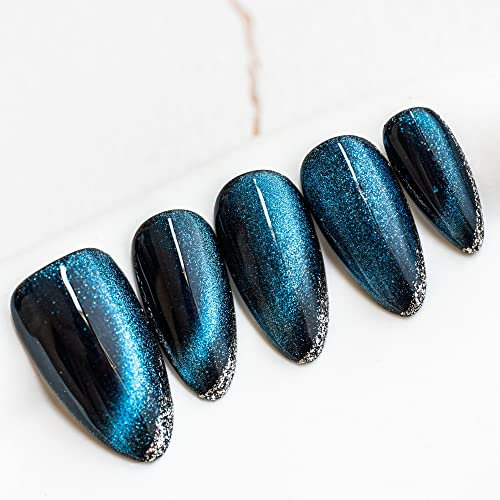 Sun&Beam Nails Handmade Press-on Medium Long Amlond Blue Hand-Painted Glitter 0 Design Fashion False Nail Tips 10 Pcs Set (#012 M)