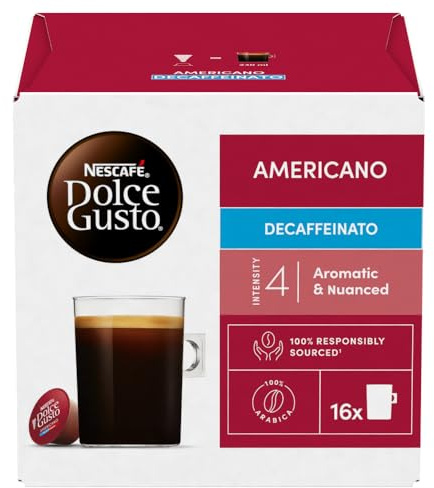 Nescafé Dolce Gusto Americano Decaf Pods 16 Pods | Multipack of 3 | Aromatic decaf coffee; 100% Arabica beans; intensity 4 profile; long black style for everyday drinking