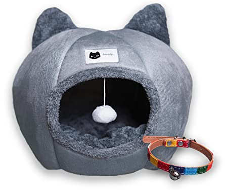 KawaiPets - Cama para Gatos 2 en 1 Invierno-Verano con Cojín Desmontable, Bola Colgante y Collar de Regalo – Refugio Lavable y Elegante para Mascotas Pequeñas