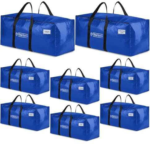 ClearSpace Heavy Duty Moving Boxes or Storage Bags – Storage Bins with Lids, Large Moving Bags with Backpack Straps & Handles – Moving Supplies for College Dorm or Christmas Decorations, 8 Pack