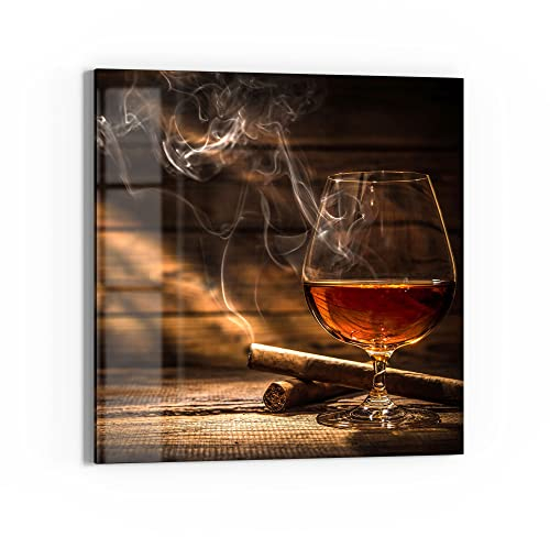 DEQORI Glasbild Echtglas | Motiv Whiskeyglas und Zigarre | quadratisch einteilig 30x30 cm | schöne Dekoration | Wandbild für Wohnzimmer, Schlafzimmer, Flur & Küche | moderne Wanddeko