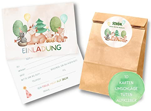 Essi's Stoff Boutique 10er-Set Waltdier Einladungskarten und Mitgebseltüten - Wald Kindergeburtstag Set mit Goodie Bag
