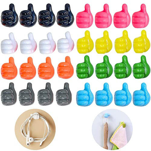 32 Pcs Self Adhesive Thumb Hooks, Waterproof Cable Holder Wire Cord Clip Management, Cute Thumb Cord Holder for Desk, Wall, Key (Multicolor)