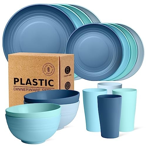Teivio 16-Piece Kitchen Plastic Dinner Set, Service for 4, Dinner Plates, Dessert Plates, Cereal Bowls, Cups, Unbreakable Plastic Plates and Bowls Set, Outdoor Camping Dishes, Ocean