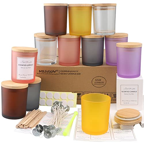 MILIVIXAY Paquete de 12 tarros de cristal multicolor de 12 onzas con tapas y kits de fabricación de velas, tarros vacíos a granel para hacer velas, recipientes de especias y polvo.