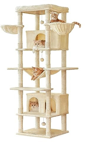 MWPO Extra großer Kratzbaum, 200 cm hoher Katzenturm für Indoor-Katzen mit 2 großen Höhlen, mehrstufiger Katzenständer für große Katze mit 3 Hängematten, breiter Sitzstange, Kratzbäume, baumelnde