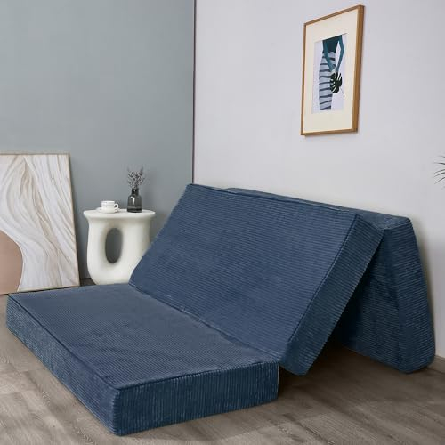 MAXYOYO Klappbare Cord-Matratze, dreifach Faltbare Bodenmatratze, 15 cm dick, mit waschbarem Bezug, in DREI Teile faltbar, platzsparend für Gäste (Bluestone, Einzelbett)