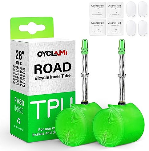 CYCLAMI 38g 2PCS Ultralight 700C Bike Inner Tube TPU Road Bicycle Tire 28'' Compatible with 700x18/23/25/28/30/32C Presta Valve 80mm(Include 4 PCS Bike Inner Tire Patch Repair Kit)