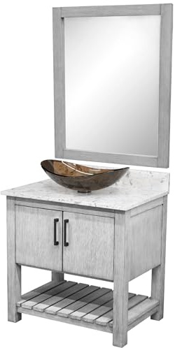 Miseno MV-30SG-NOBV-6001-324T-MIR 30 Free Standing Single Basin Vanity Set with Cabinet, Quartz Vanity Top, Oval Glass Vessel Sink and Mirror - Stonewash Grey/Cafe Mocha Top/Matte Black Hardware