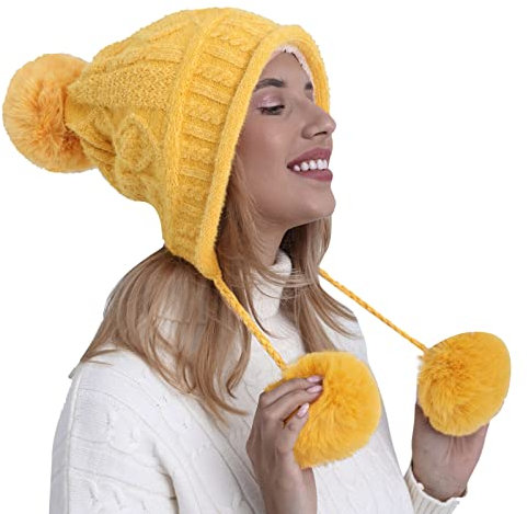Mütze Damen mit Bommel Winter Warme Mütze Damen Wintermütze Elastisch Bommelmütze Weich Bequem Baskenmütze Gefütterte mit Pom Pom Geschenk Für Frauen Gelb