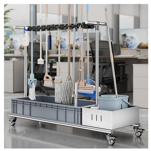 Mobile Mop and Broom Holder Cleaning Supplies Carts on Wheels Mop Bucket Garden Tool Organizer Broom Closet Storage Cabinet Mop Drain Rack Umbrella Stand for Home Garage Hospitals Housekeeping (Size
