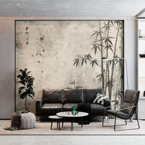 3D Tapete Tuschemalerei Bambus Bambusblätter Fototapete, Hellbraun Wandbild Wandtapete Haupt Dekorationen für Wohnzimmer Schlafzimmer Büro, Flur, 400 x 280 cm (WxH) Vlies Tapete Wanddeko