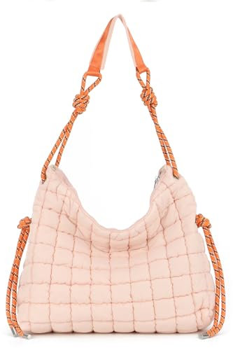 EVEOUT Sacs portés épaule Puffer pour Femmes Grand Léger Sac fourre-Tout Matelassé Puffer Cabas Sacs bandoulière Matelassé Sac Hobo(Rose)