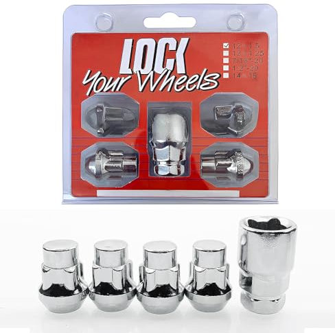 Set di 5 dadi di bloccaggio per ruote M12 x 1,5 con kit di chiavi per bloccaggio ruota, antifurto, viti per Ford, Toyota, Nissan, Honda, Mazda, cromati