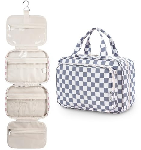 Narwey Kulturbeutel Damen Kulturtasche zum Aufhängen Waschtasche Kosmetiktasche Groß Waschbeutel Kosmetik-Organizer für Damen Mädchen(Graublaues Schachbrett)