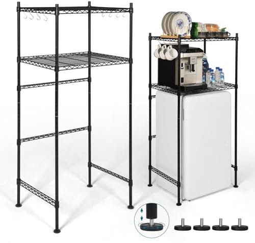 KELIXU Mini Fridge Shelf 2-Tier Metal Mini Fridge Stand with Storage, Adjustable Height Microwave Stand Multifunctional Rack for Dorm, Kitchens, Offices, Easy to Install, 52” H x 24” W x 18” D, Black