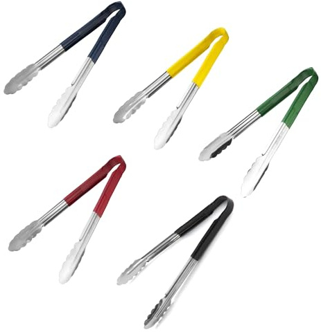 Chabrias Ltd 5-Colour Set 12 Utility Kitchen Tongs – Stainless Steel Non-Slip Vinyl Grip, Dishwasher Safe Colour-Coded Cooking & Serving Tongs (Black, Blue, Green, Yellow, Red, 12 inch / 30 cm)