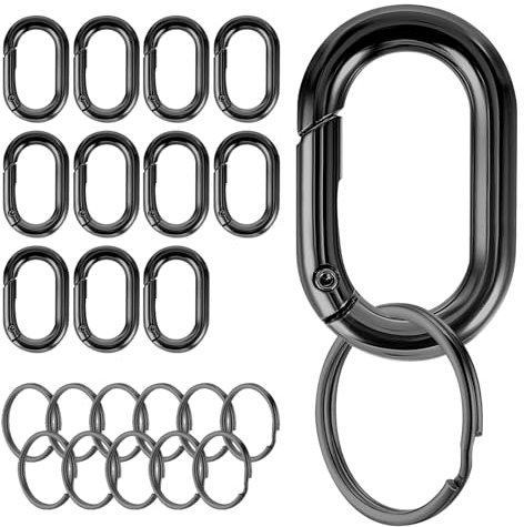 Lot de 12 mousquetons noirs et 12 anneaux porte-clés - Mousquetons à clés - Petits mousquetons - Pour porte-clés, accessoires de camping, portefeuilles, pièces de rechange
