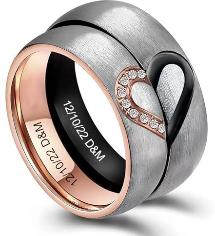 YEOVIBL Personalized Couples Ring Set for His & Hers Engraved Rings Real Love Promise Ring Stainless Steel Engagement Wedding Rings Band Set for Men and Women, 6mm (Black+Rose Gold(2pcs))