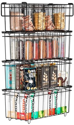 Gemsaya 4 Pack Chest Freezer Baskets, Stackable Freezer Organiser with Handles, Deep Fridge Organizer Bins with Handles, Wire Storage Basket for 198L Sort Frozen Foods (Black)