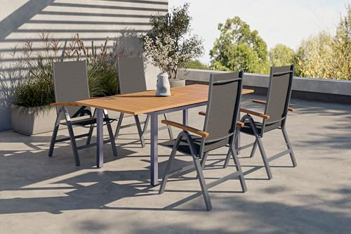 Villana Garten-Essgruppe, schwarz/grau, Aluminium/Eukalyptus, Tisch 150/200 x 90 cm, 4 Klappstühle, robust, ausziehbar, witterungsbeständig, FSC®-zertifiziertes Produkt