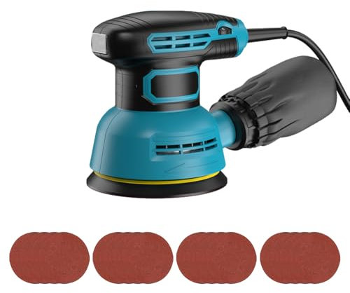 hzexun Ponceuse Excentrique 350W, 125mm,6 Vitesses jusqu'à 13 000 tr/min, 16 Disques Abrasifs,Collecteur de Poussière, pour Surfaces en Bois et Acier
