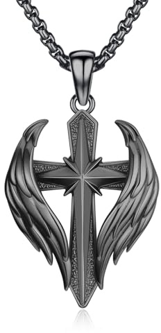 PARYFO Silber/Schwarz/Gold Kreuz Kette 925 Sterling Silber Flügelkreuz Anhänger Kruzifix Schmuck Geschenke für Männer Frauen, mit Edelstahlkette