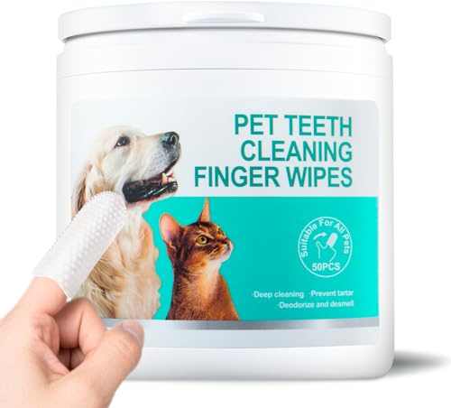 Teeth Cleaning Finger Wipes for Dogs & Cats，Dental Cleaning Wipes for Dogs and Cats，Pet Teeth Cleaning Finger Wipes，Reduces Plaque and Freshens Breath, Removes Tartar, Disposable Wet Wipes 50ct
