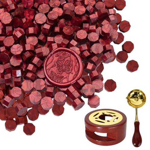 300 Stück Siegelwachs Perlen Set,Wachssiegel Stempel mit Wachssiegelwärmer & Schmelzlöffel – Achteckiges Siegellack Set für Briefe,Umschläge,Hochzeitseinladungen,Karten,Geschenkverpackungen (Rot)