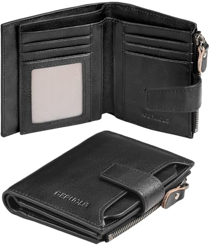 GERUOLA Herren Echt-Leder Brieftasche mit RFID-Schutz Portemonnaie Männer Geldtasche mit Reißverschluss Münzfach Portmonee Herren Kreditkartenetui Brieftasche (Schwarz)