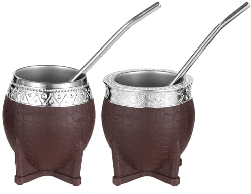 Set di 2 tazze Yerba Mate in acciaio inox, corpo in gomma marrone chiaro, bocca larga e bocca stretta da 180 ml, cannuccia elegante in acciaio inox, dettagli argentati, ideali per bere il tè
