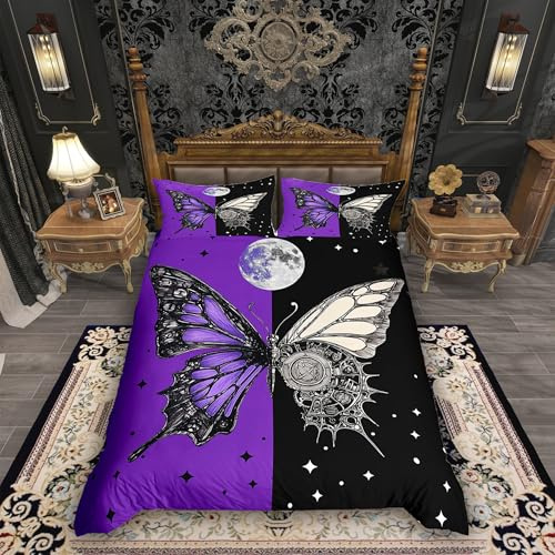 Homemissing Schwarz Lila Schmetterling Bettwäsche Set 135x200cm Sternenhimmel Bettbezug mit Reißverschluss Stern Mond Drucken mit 1 Kissenbezug Vintage Blumen Bettwäsche-Set