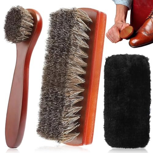 dcas 3 Pièces Kit de Nettoyage Entretien Cuir Premium, Brosse CRIN Cheval Polissage, Pinceaux de Cirage pour Chaussures, Brosses applicatrices de Cirage, pour Bottes, Sacs, Voiture