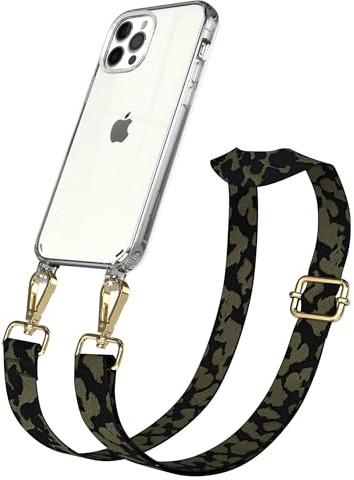 EAZY CASE Handykette - Verstellbares Taschenband kompatibel mit iPhone 12/12 Pro, Schulterriemen, Handykordel mit Silikon Hülle, Umhängetasche, Dunkelgrün Camouflage Gold