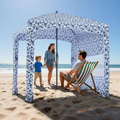 VEVOR Cabaña de Playa 183 x 183 cm, con Toldo Lateral, Protección Solar UPF 50+, con Sacos de Arena y Sombrilla Portátil Grande para Uso al Aire Libre en Familia y con Amigos, Rayas Azul Marino