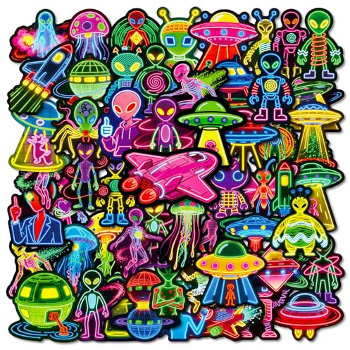 56 Stück Bunte Neonaufkleber mit Cartoon-Aliens, Aufkleber mit Alien-Raumschiff-Motiven, DIY-Notizbücher, wasserfeste Doodle-Aufkleber