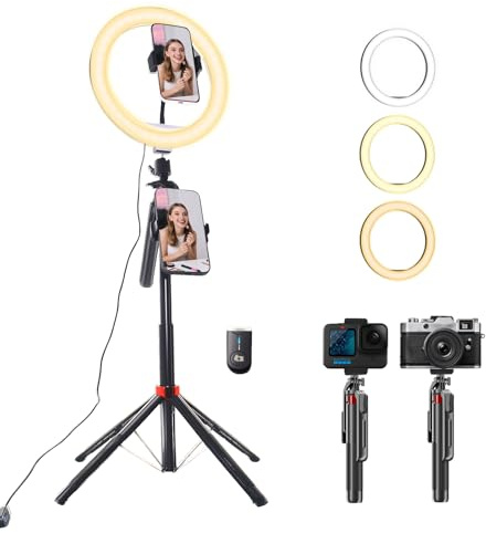 Rouzin Handy Stativ mit Ringlicht – 10,0 Dimmbares Ringlicht, 180cm Höhenverstellbare Stativ & Fernbedienung, Doppel-Handyhalter, 3 Farbmodi, 360° drehbar, ideal für Fotografie, Video, Live-Streaming