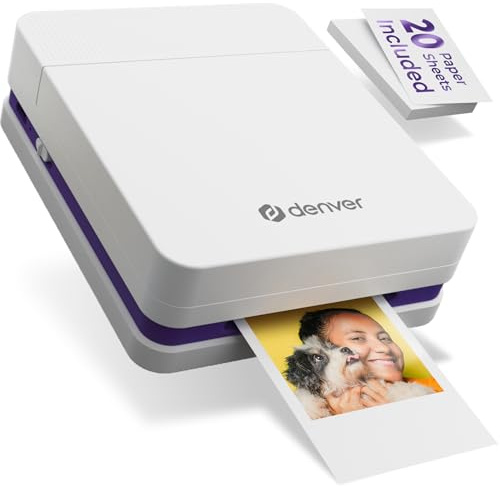 Denver MCP-6010 Mini stampante fotografica per smartphone, stampante portatile a colori con Bluetooth 5.2, 600 DPI, iOS e Android, stampante fotografica portatile con batteria, cartuccia e set di 20