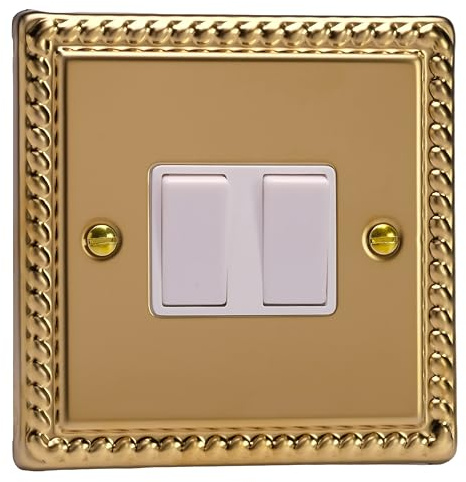 Varilight Double Rocker Light Switch Intermediate - Classic Georgian Brass With White Rockers, XG77W
