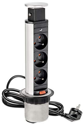 Torreta de enchufes schuko plata con pulsador extraible empotrable con cable