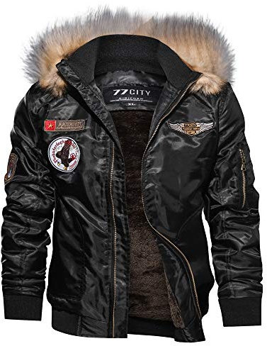 Celucke Herren Winterjacke Bomberjacke Cargojacke mit Reißverschluss, Logo, Kapuze und Kunstfell-Futter